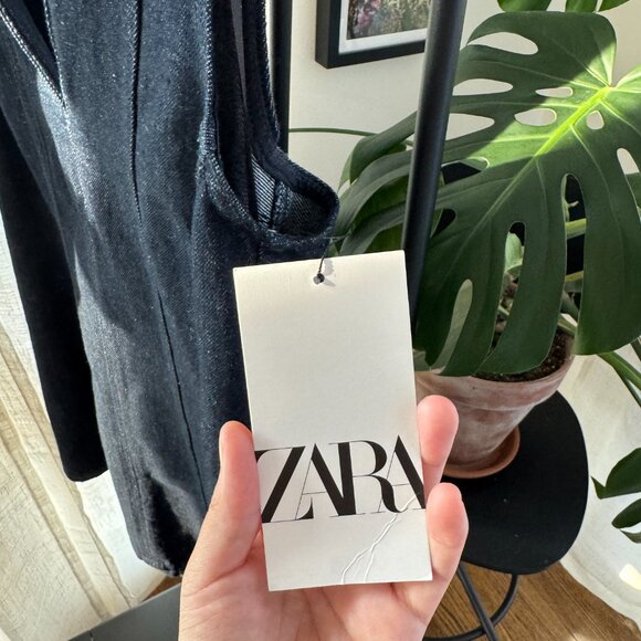 ZARA Dark Wash Denim Mini Dress with Deep V Neck – Size L (NWT) - Picture 3 of 10